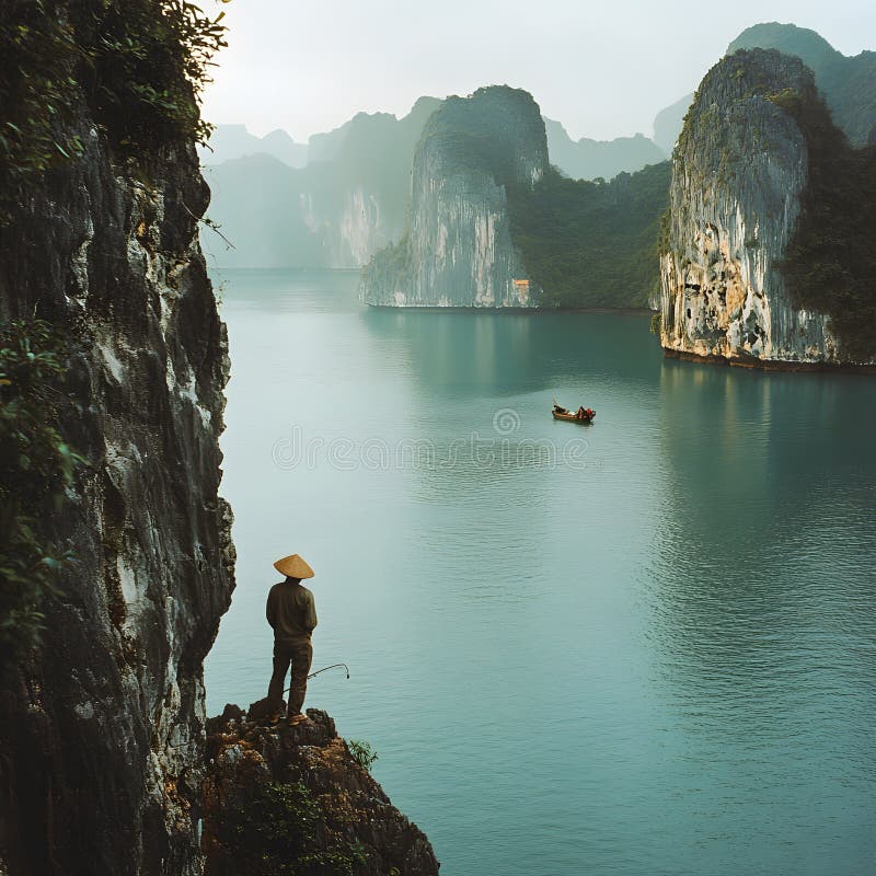 一个亚洲风格的男人站在岩石上，望着海洋的清澈水. 海岩的美丽景色 向量例证
