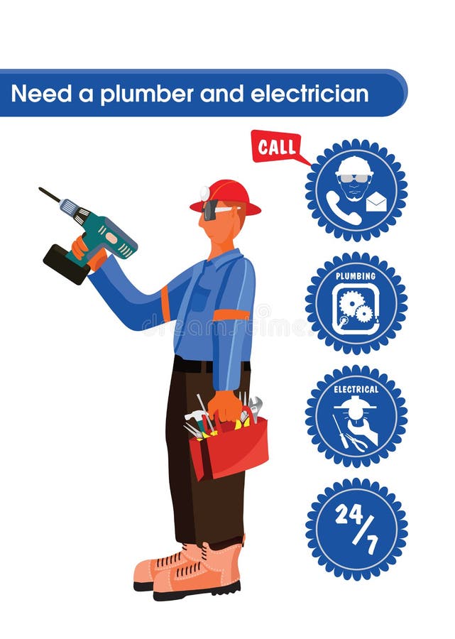 Vector design of a trade man which can be a plumber, carpenter or electrician wearing a helmet with headlamp and safety glasses and holding driller and tools bag. Blue labels for advertisement. Vector design of a trade man which can be a plumber, carpenter or electrician wearing a helmet with headlamp and safety glasses and holding driller and tools bag. Blue labels for advertisement.