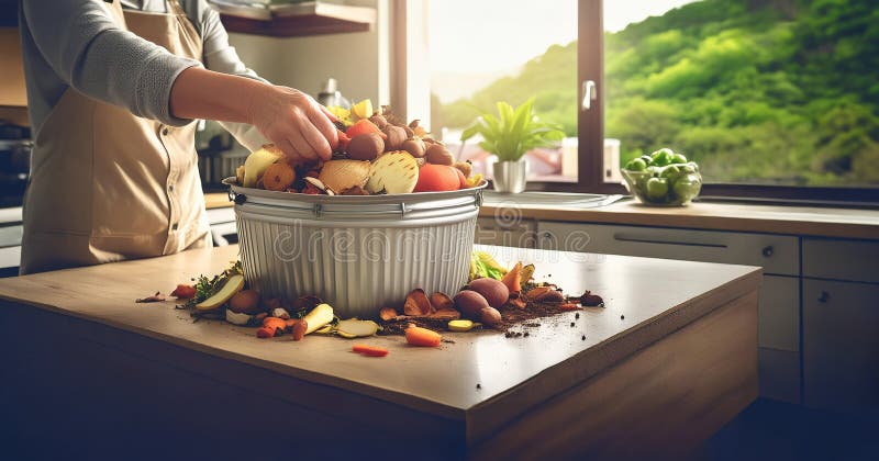 Illustration of a woman in a kitchen counter with home compost bin filled with a variety of kitchen scraps, including fruit and vegetable scraps, promoting sustainable waste management. Generative AI. Illustration of a woman in a kitchen counter with home compost bin filled with a variety of kitchen scraps, including fruit and vegetable scraps, promoting sustainable waste management. Generative AI.