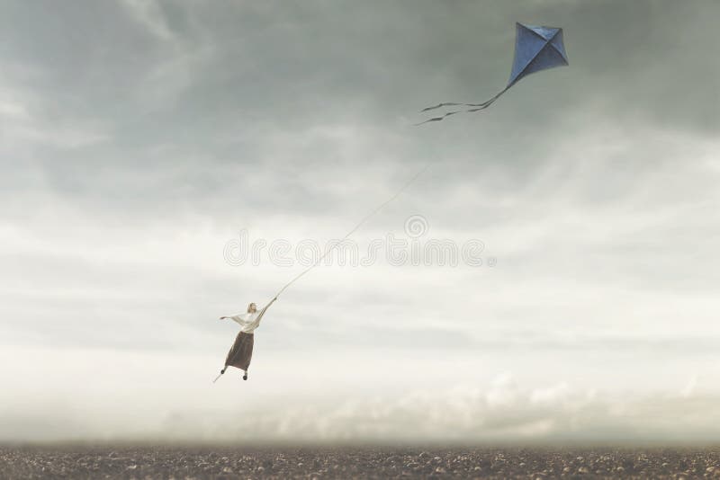 一个女孩带着风筝在天空飞翔的有趣而超现实的游戏