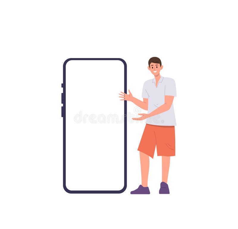 一个小小的快乐的少年男孩角色，指着巨大的空白手机屏幕模型 向量例证