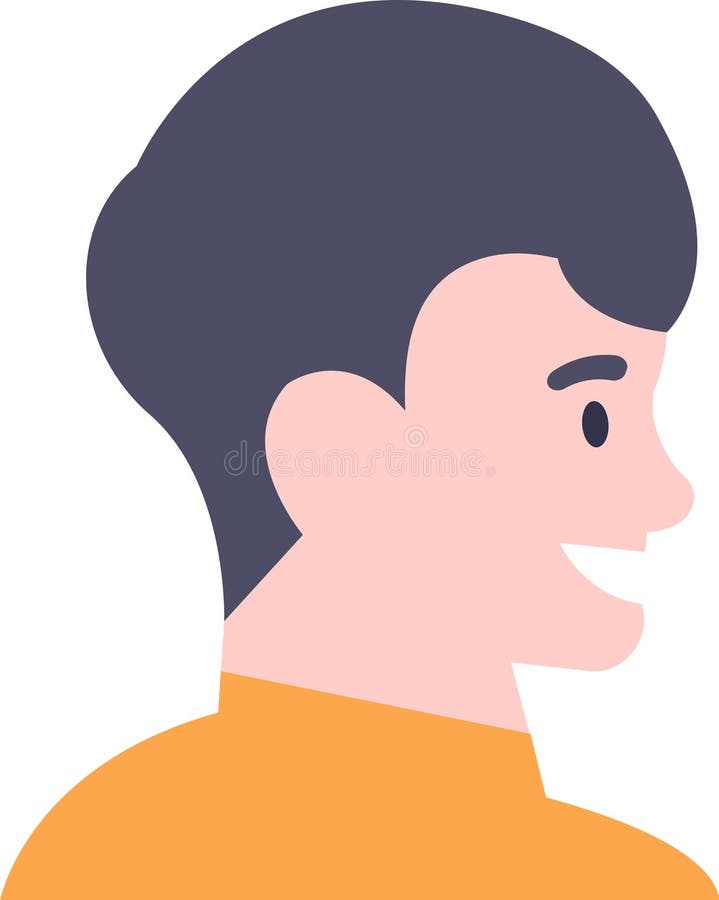 一个年轻男子的侧面，他微笑着，穿着一件用简单的平面矢量图捕捉到的橙色衬衫，向右看 库存例证