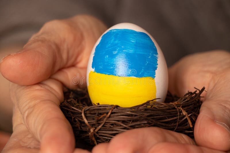 One white chicken egg with a painted flag of Ukraine in a straw basket in the hands of an old woman, culture and holidays 2022, stop the war. One white chicken egg with a painted flag of Ukraine in a straw basket in the hands of an old woman, culture and holidays 2022, stop the war