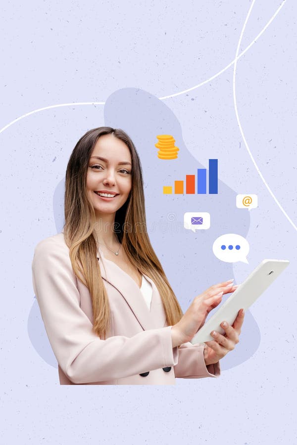 Collage of a smiling girl holding a tablet with social media icons messages, charts, coins on a lilac background. Collage of a smiling girl holding a tablet with social media icons messages, charts, coins on a lilac background