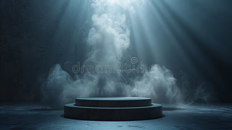 一个环形的讲台，周围是浓烟，一束聚光灯，令人叹为观止的壮观场景. 完美的产品 库存例证