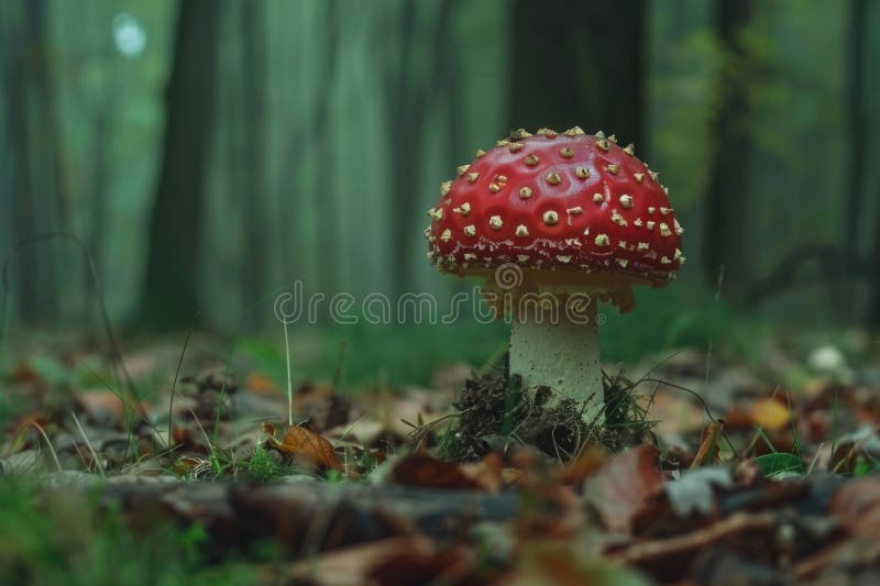 一个白斑的红蘑菇坐在森林的地上 免版税库存照片