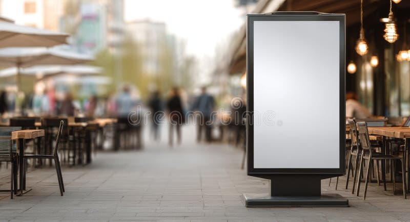 一个空白的A字形标志在一个逼真的场景中展示在一条风景如画的街道上，街道两旁排列着迷人的咖啡馆 图库摄影