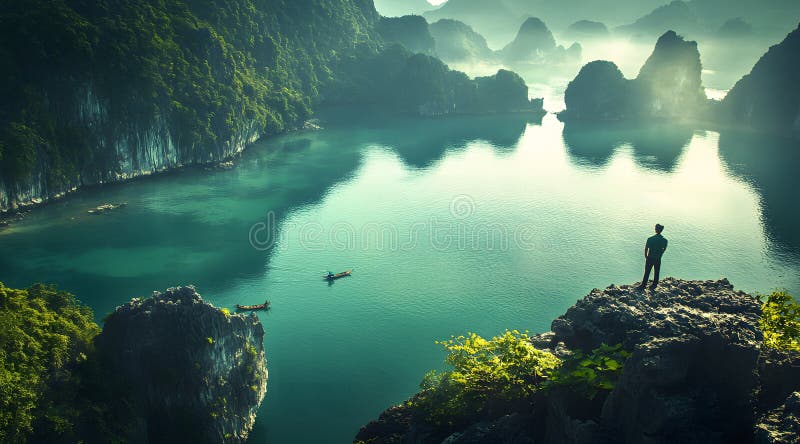 一个站在岩石上，看着海洋的清澈水. 海岩山的美丽景色 向量例证