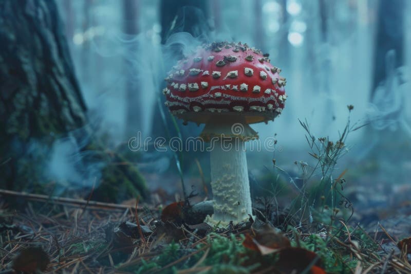 一个红色的蘑菇坐在森林里的地上 免版税库存照片