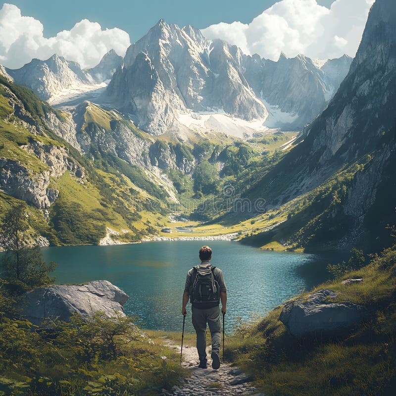 一个背着背包的男游客爬山. 湖景和山脉的美丽景色开放了 皇族释放例证