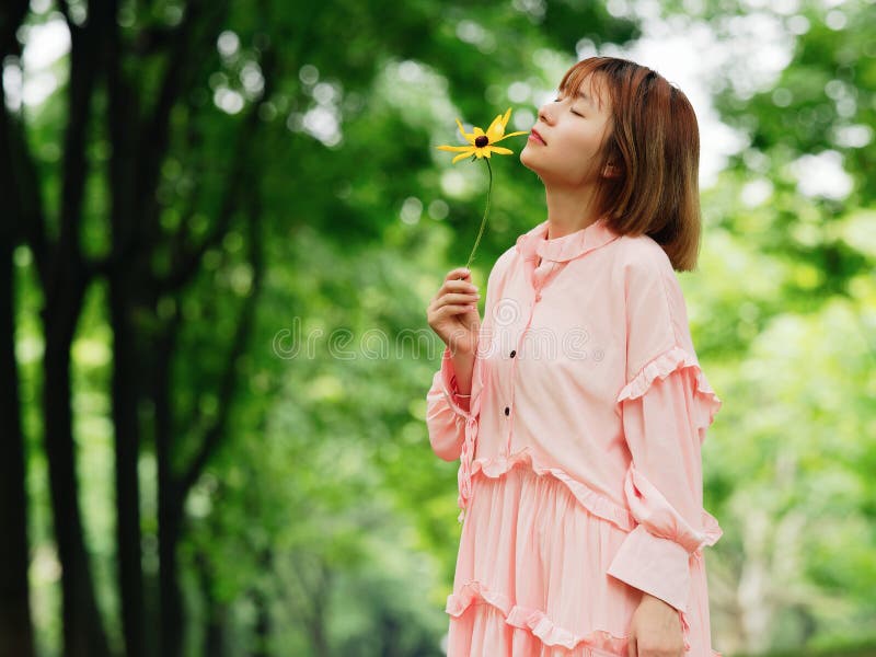 一个逗人喜爱的中国女孩的画象拿着野花和嗅到它在夏天森林室外时尚画象的桃红色礼服的 免版税库存图片 一个逗人喜爱的中国女孩的画象拿着野花和嗅到它在夏天森林室外时尚画象的桃红色礼服的 免版税库存图片