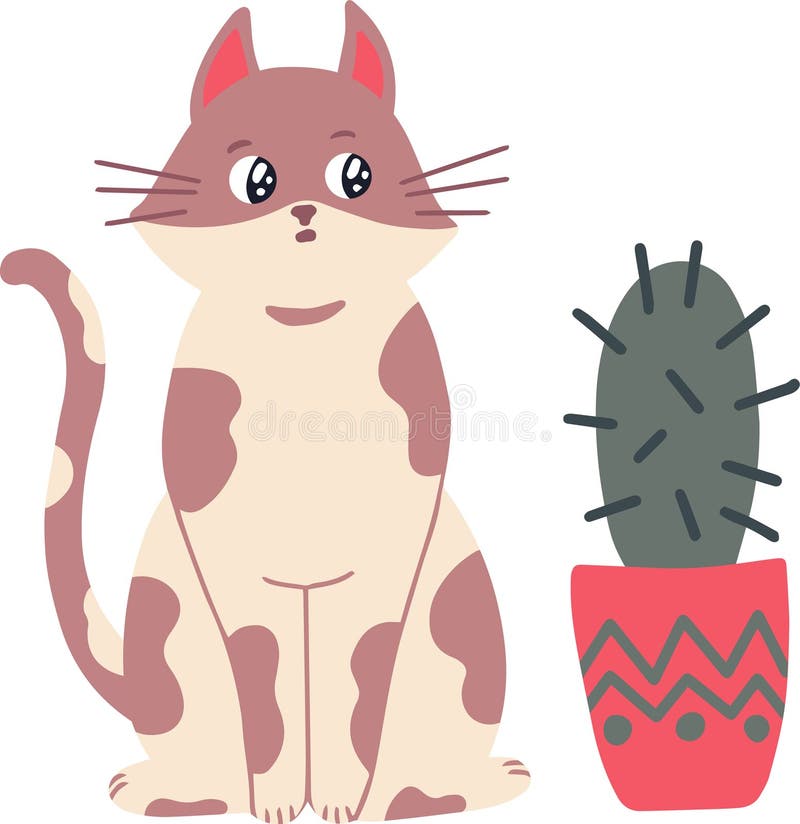 一只可爱的斑点猫，在装饰精美的壶中，玩乐地坐在小仙人掌旁，其中有一只简单的平面小猫 向量例证