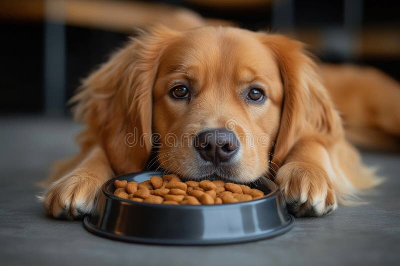 一只年轻的金毛犬满怀希望地注视着整个食物碗. 狗想吃饭. 耐心的一刻. 皇族释放例证
