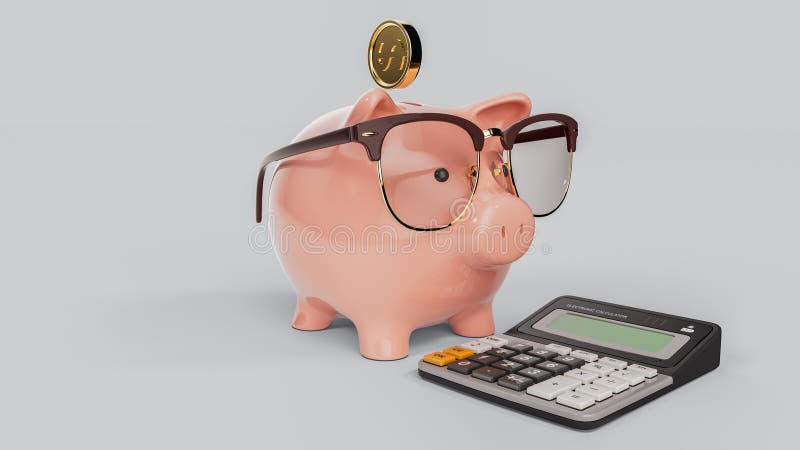 Piggy bank wearing glasses looking at a calculator Waiting to calculate the accumulated money. 3d, rendering, illustration. Piggy bank wearing glasses looking at a calculator Waiting to calculate the accumulated money. 3d, rendering, illustration