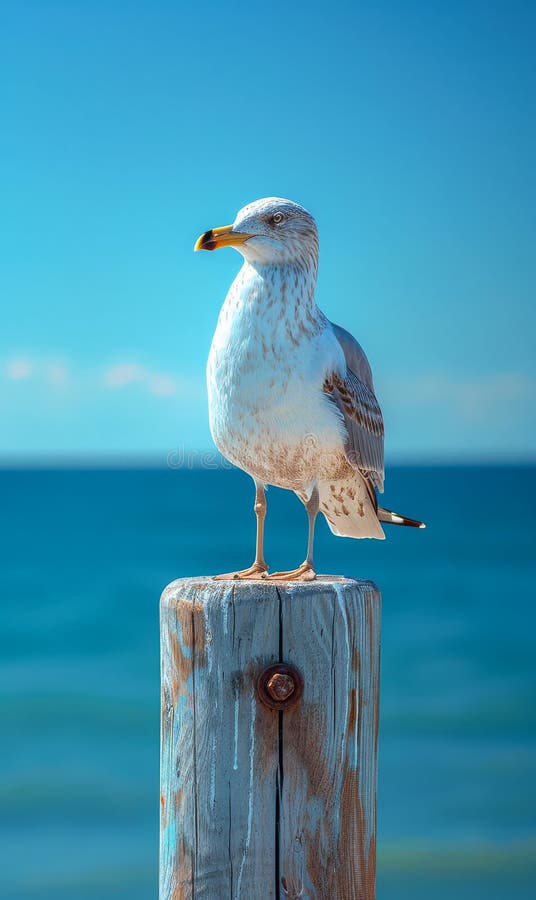 一只海鸥站在海边的木桩上。 场景平静而宁静，伴随着海浪的声音 免版税库存照片
