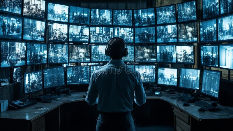 一名专业的安保人员仔细监视着多个 CCTV 监控器，显示来自各个地点的实时视频 免版税图库摄影