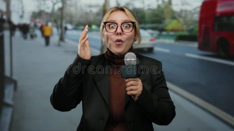 一名女记者拿着麦克风，在一条交通模糊、行人在城市的街道上惊讶地表情 库存图片