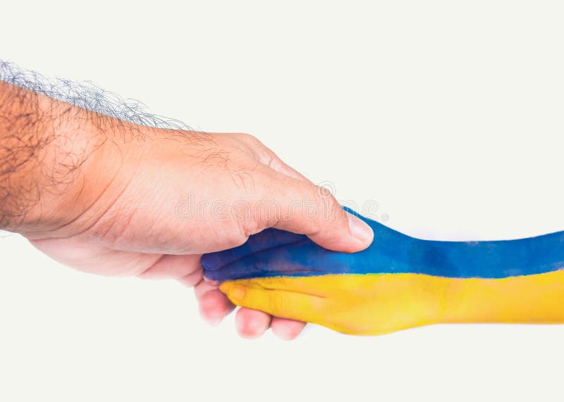 An adult shook hands with a child who painted the Ukrainian flag on his arm,isolated on white background,Stop war of Ukraine and Russia concept. An adult shook hands with a child who painted the Ukrainian flag on his arm,isolated on white background,Stop war of Ukraine and Russia concept