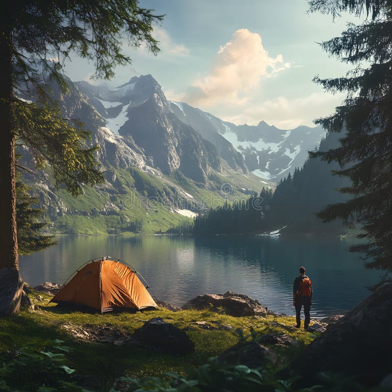 一名背着背包的男游客正在山中旅行. 湖景和山景都很美 库存例证