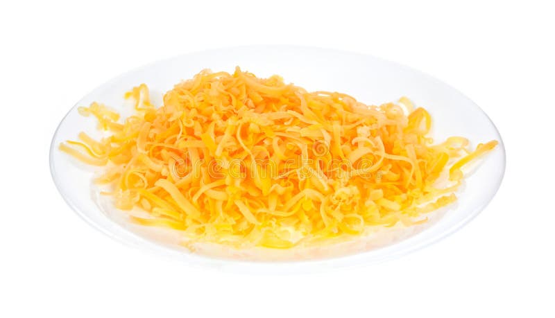 A small plate with freshly shredded sharp cheddar cheese on a white background. A small plate with freshly shredded sharp cheddar cheese on a white background.