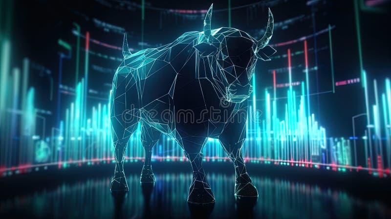 一头公牛站在充满活力的现代数字工作室里,背景是交易图表灯和发光元件 库存例证