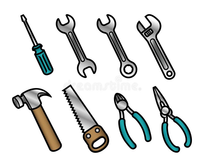 A set of 8 cute and colorful cartoon carpenter tool icons. A set of 8 cute and colorful cartoon carpenter tool icons.