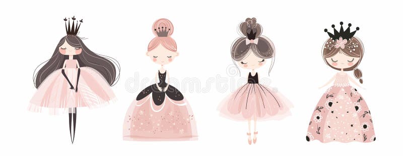 一套可爱的公主，穿着优雅的粉色连衣裙，配有皇冠的简单平面艺术收藏，供女孩在儿童室打印 皇族释放例证