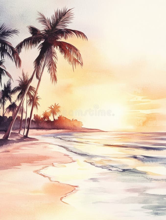 142 海的水彩风景或海洋和棕榈在日落库存照片— Dreamstime中的免费和免