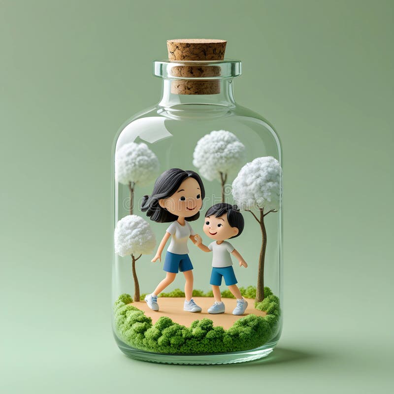 一幅迷人的3D插图描绘了一位慈爱的母亲和她的孩子在微型的手里手牵手行走 皇族释放例证