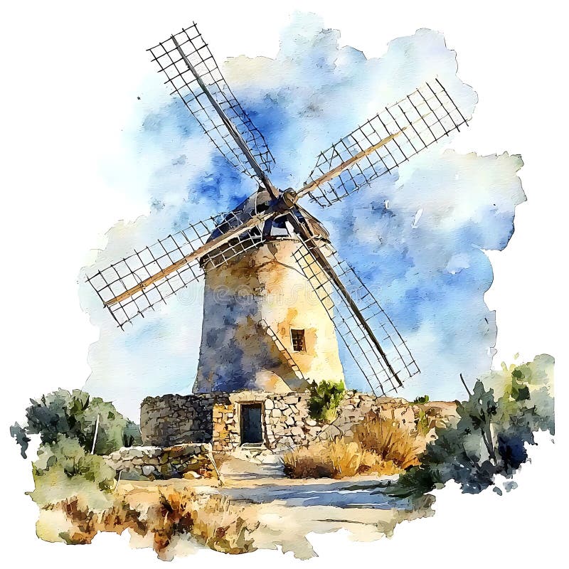 一幅风景如画的水彩画，描绘了充满活力的天空下的乡村风车。 这幅画