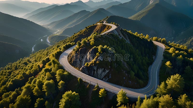 一条蜿蜒的山路,可以欣赏到令人叹为观止的空中景色 库存例证