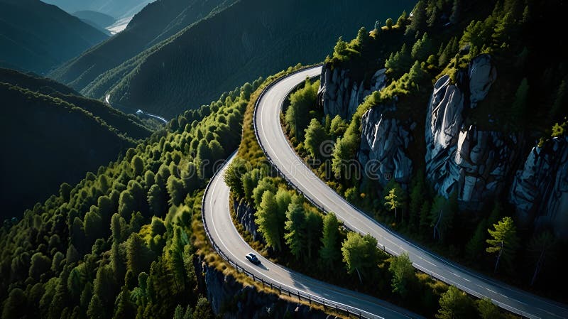 一条蜿蜒的山路,可以欣赏到令人叹为观止的空中景色 库存例证