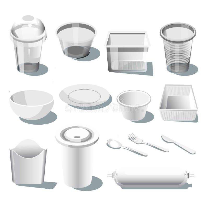 Plastic dishware or disposable tableware vector icons soup bowls and plates spoon knife and fork single use cups food storage container box and fast food snack dishes or drink paper packs cutlery. Plastic dishware or disposable tableware vector icons soup bowls and plates spoon knife and fork single use cups food storage container box and fast food snack dishes or drink paper packs cutlery.