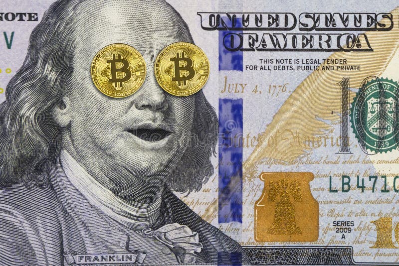 一百元钞票的震惊富兰克林与金黄bitcoin喜欢眼睛 免版税库存照片 一百元钞票的震惊富兰克林与金黄bitcoin喜欢眼睛 免版税库存照片