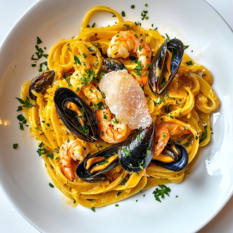 一盘塔廖利尼a i frutti di mare e botarga,以长薄的蛋面为特色, 免版税图库摄影