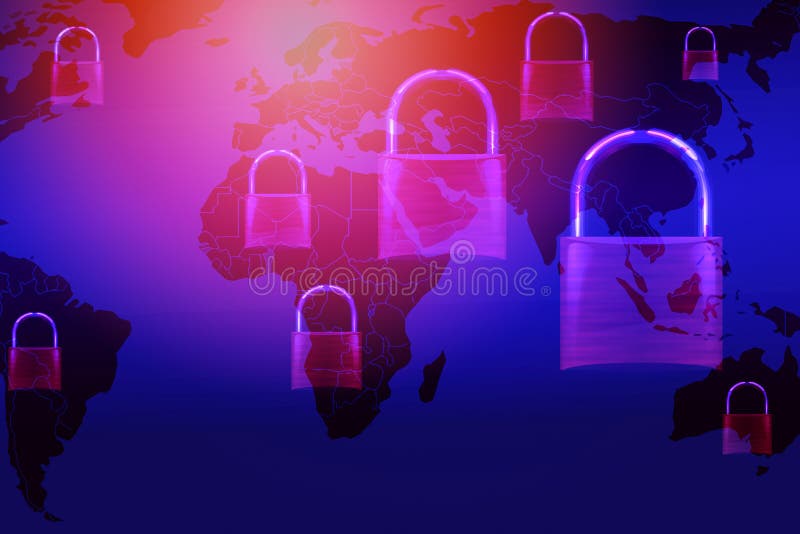一种世界地图上锁挂锁的数据安全系统计算机 向量例证 一种世界地图上锁挂锁的数据安全系统计算机 向量例证