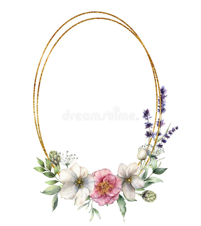 Watercolor golden frame with anemones and lavender. Hand painted spring flowers, artichoke, buds and leaves isolated on white background. Floral illustration for design, print, fabric or background. Watercolor golden frame with anemones and lavender. Hand painted spring flowers, artichoke, buds and leaves isolated on white background. Floral illustration for design, print, fabric or background