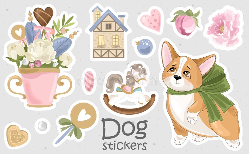 一组Corgi贴纸和图标 有浪漫物品的可爱狗 库存例证