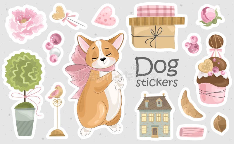 一组Corgi贴纸和图标 有浪漫物品的可爱狗 向量例证