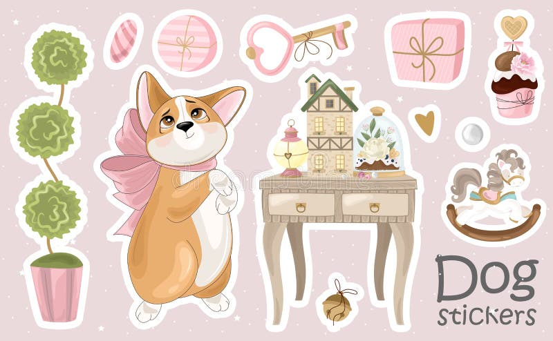 一组Corgi贴纸和图标 有浪漫物品的可爱狗 向量例证