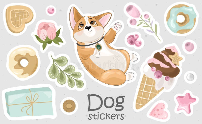 一组Corgi贴纸和图标 有浪漫物品的可爱狗 皇族释放例证