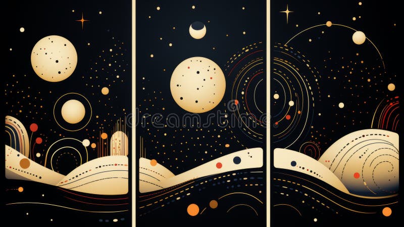 一组三幅抽象的夜空画作，黑色背景中有行星星和月亮 库存例证