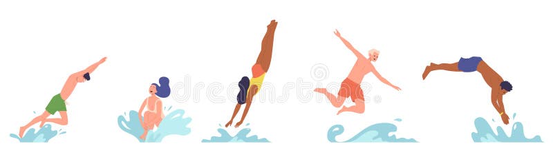 一组不同姿势的快乐青年卡通人物跳水 向量例证