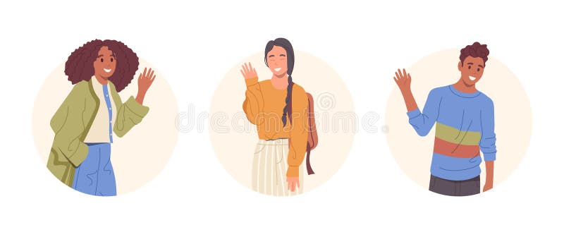 一组与快乐少年跨种族卡通人物组合的孤立圆形图标组合 库存例证