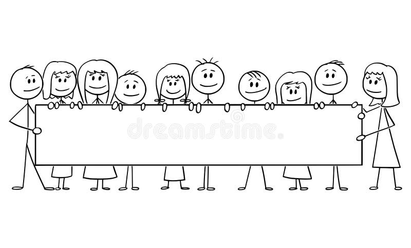 Vector cartoon stick figure drawing conceptual illustration of group of smiling kids or children, boys and girls holding together big empty horizontal sign. Vector cartoon stick figure drawing conceptual illustration of group of smiling kids or children, boys and girls holding together big empty horizontal sign.