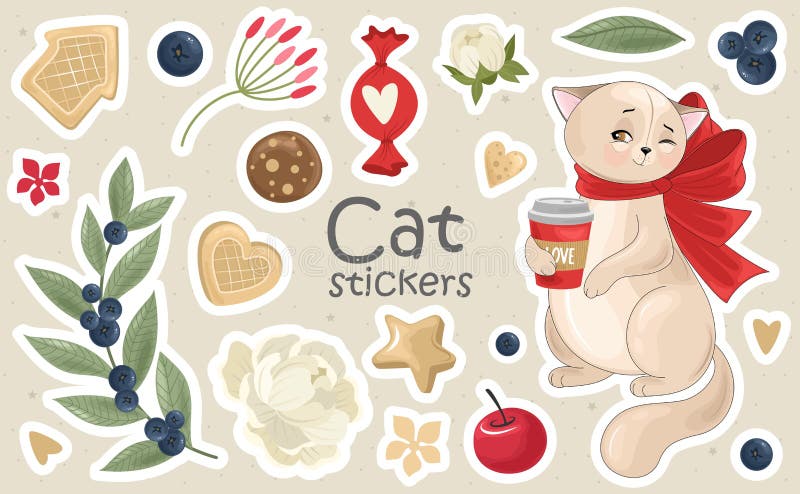 一组猫贴纸和图标 矢量图 向量例证