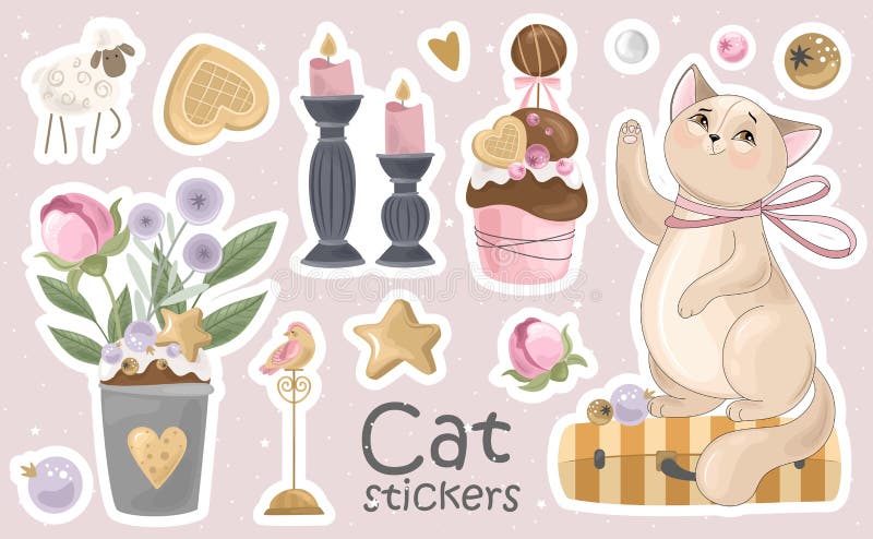 一组猫贴纸和图标 矢量图 皇族释放例证