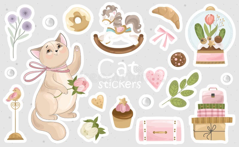 一组猫贴纸和图标 矢量图插图 库存例证