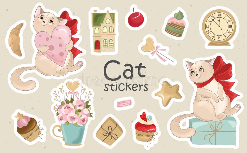 一组猫贴纸和图标 矢量图插图 皇族释放例证