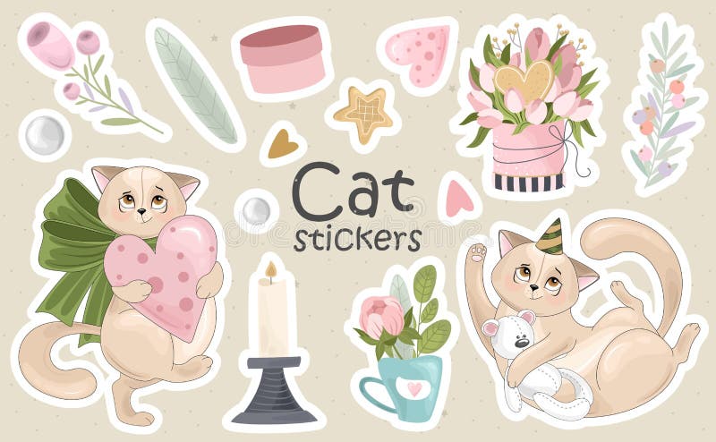 一组猫贴纸和图标 矢量图插图 库存例证